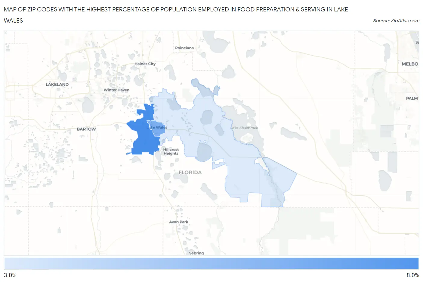 Zip Codes with the Highest Percentage of Population Employed in Food Preparation & Serving in Lake Wales Map