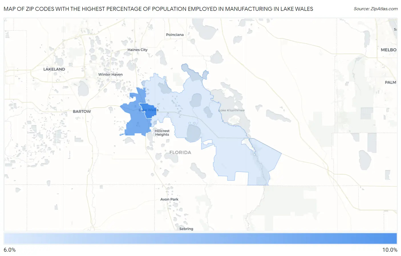 Zip Codes with the Highest Percentage of Population Employed in Manufacturing in Lake Wales Map