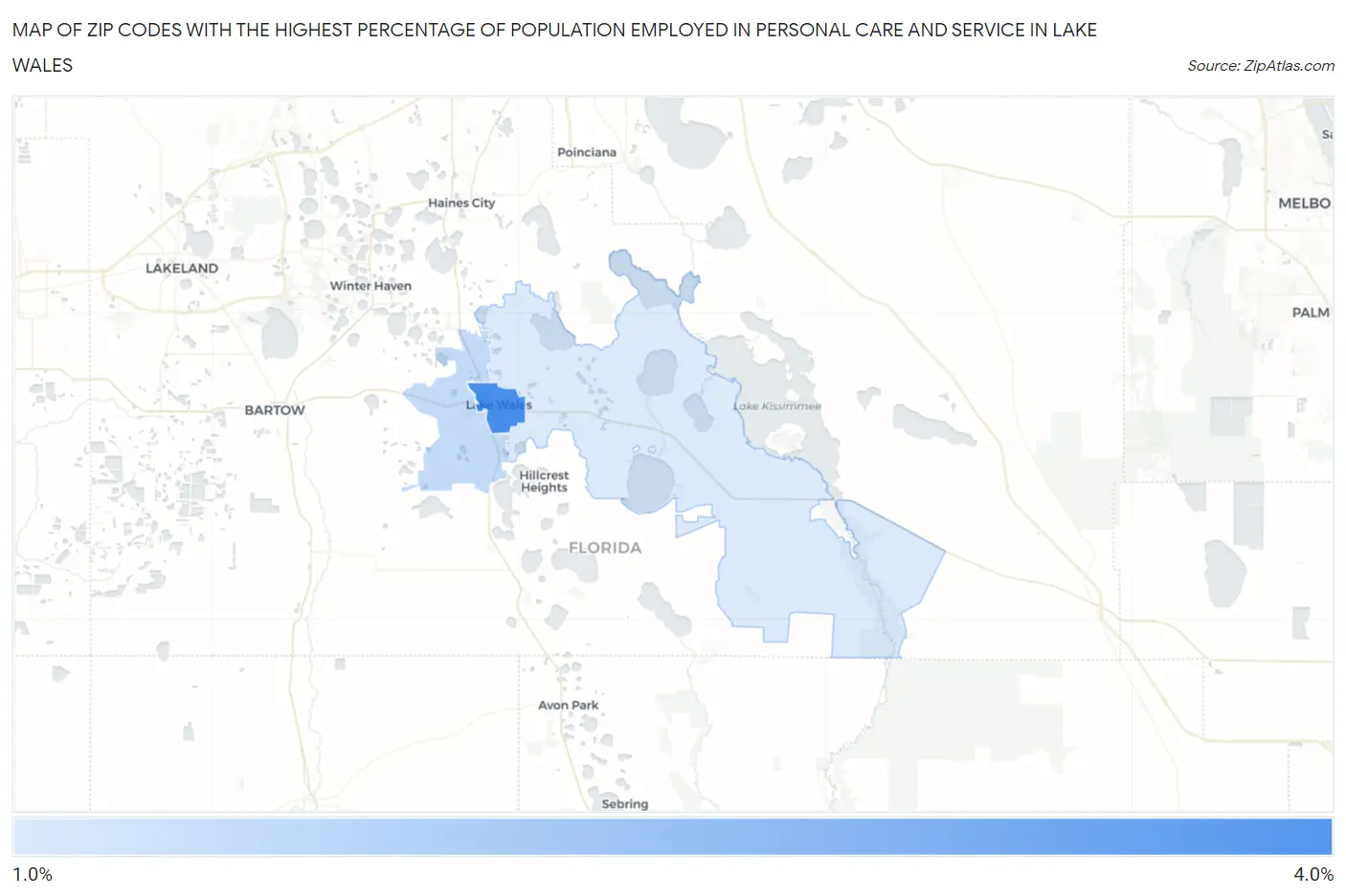Zip Codes with the Highest Percentage of Population Employed in Personal Care and Service in Lake Wales Map