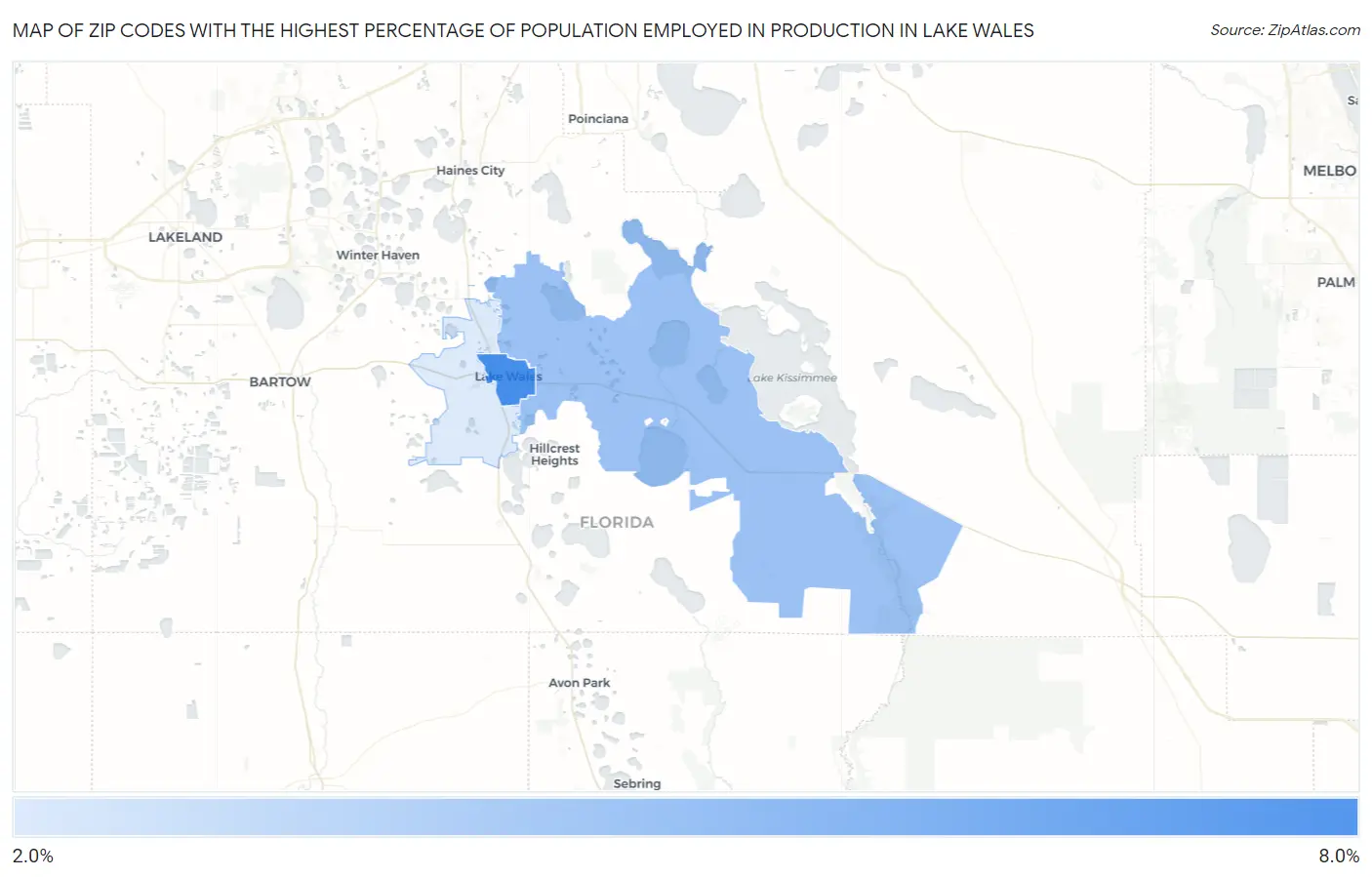 Zip Codes with the Highest Percentage of Population Employed in Production in Lake Wales Map