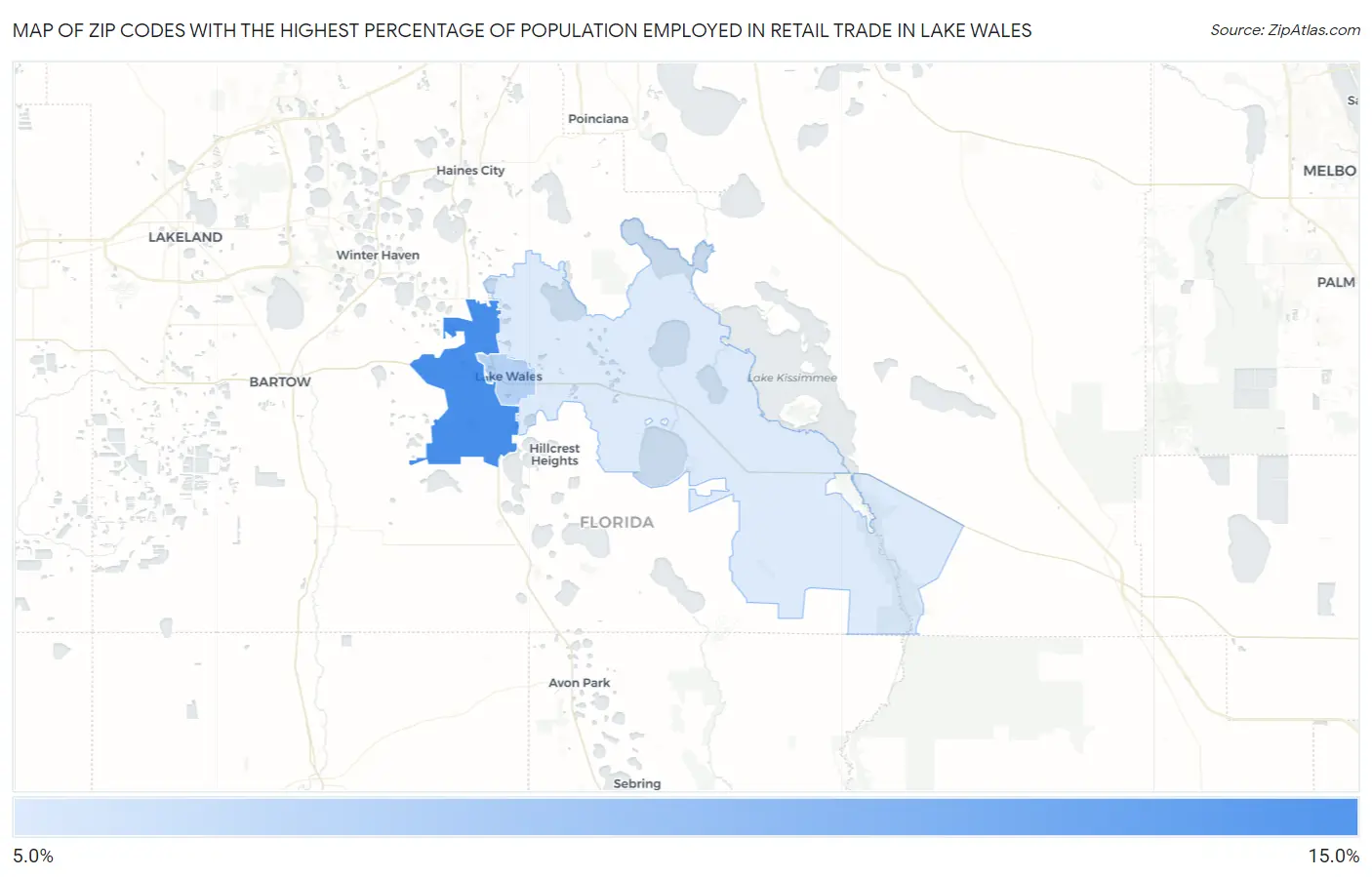 Zip Codes with the Highest Percentage of Population Employed in Retail Trade in Lake Wales Map