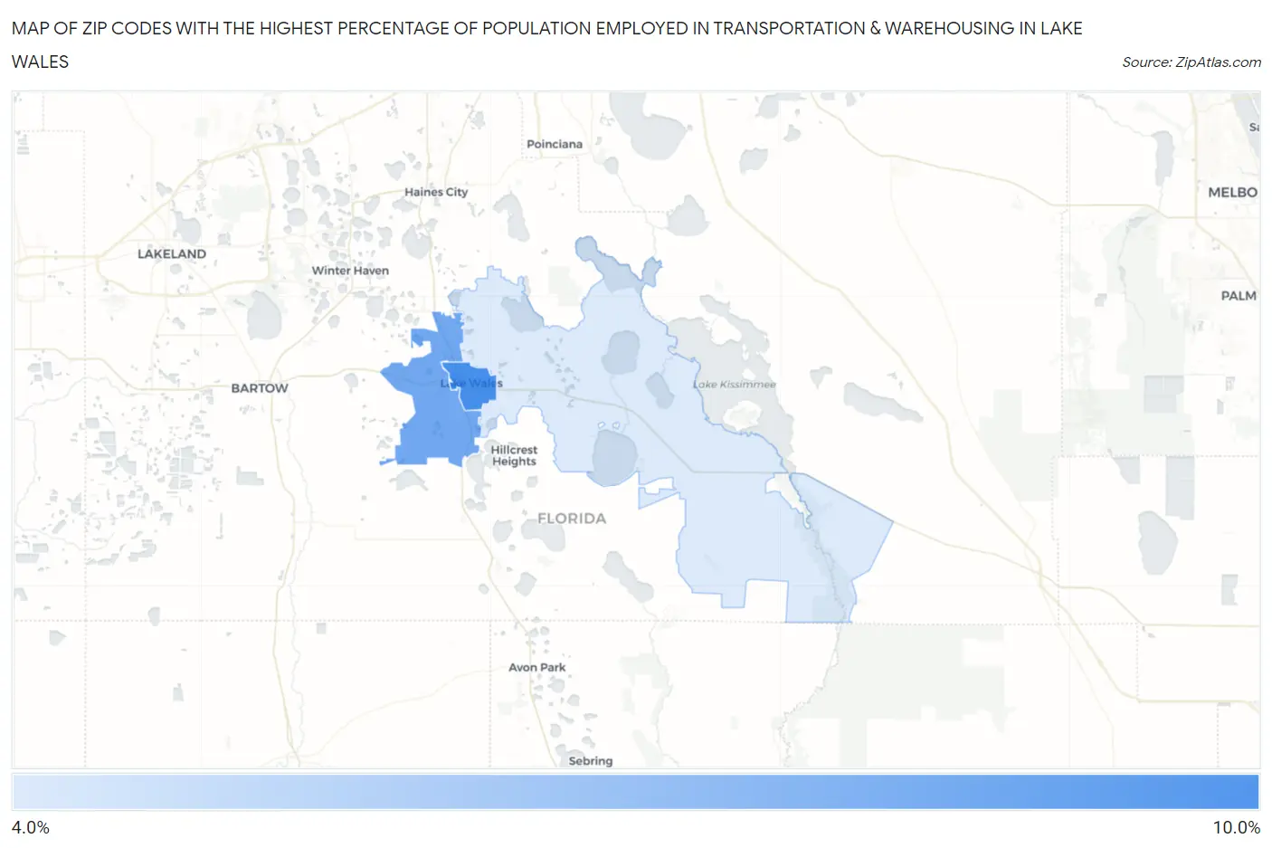 Zip Codes with the Highest Percentage of Population Employed in Transportation & Warehousing in Lake Wales Map