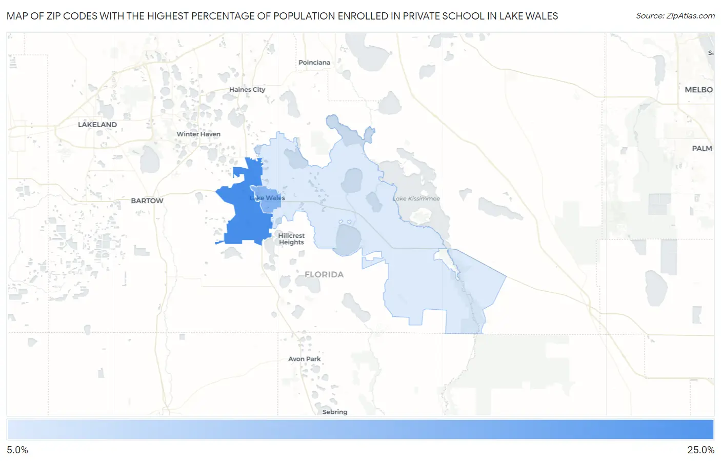 Zip Codes with the Highest Percentage of Population Enrolled in Private School in Lake Wales Map