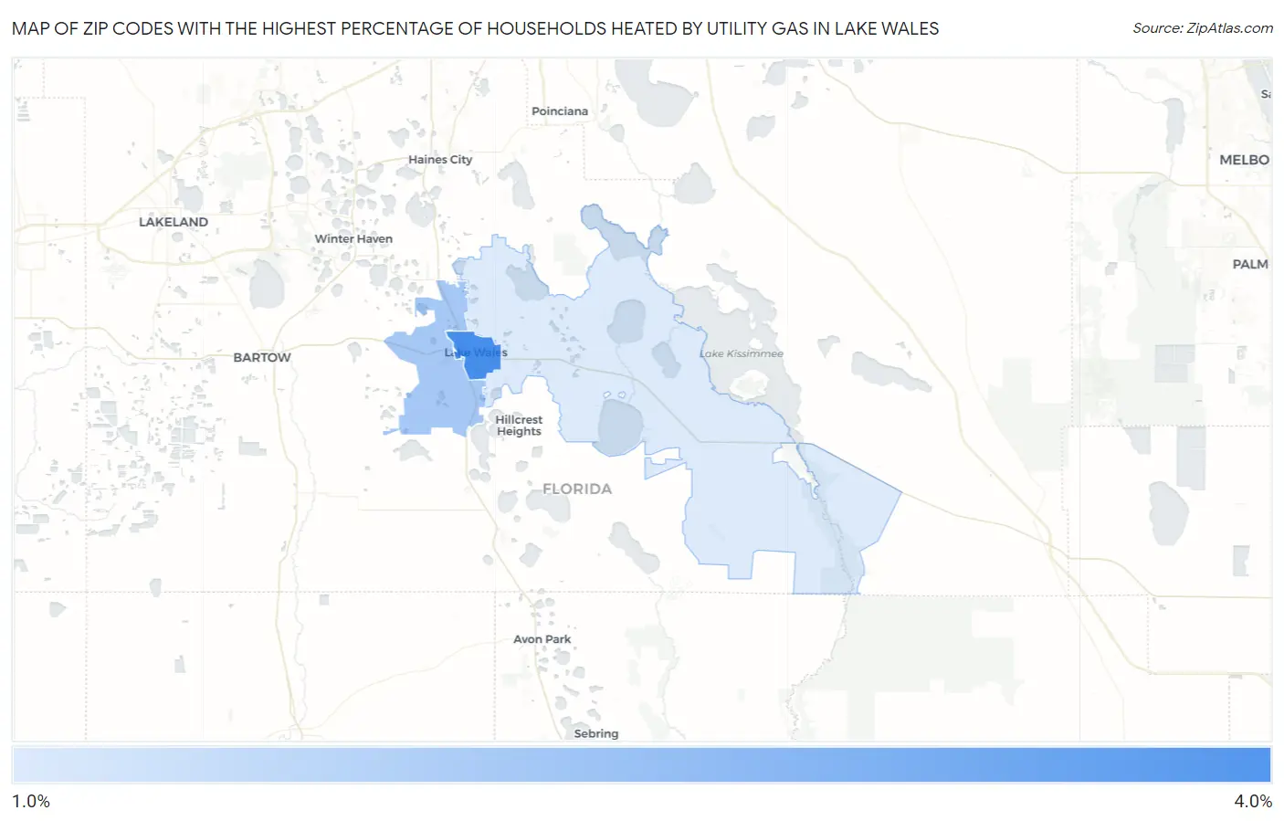 Zip Codes with the Highest Percentage of Households Heated by Utility Gas in Lake Wales Map