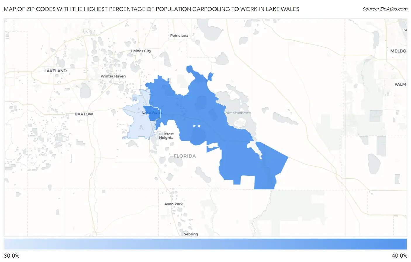 Zip Codes with the Highest Percentage of Population Carpooling to Work in Lake Wales Map