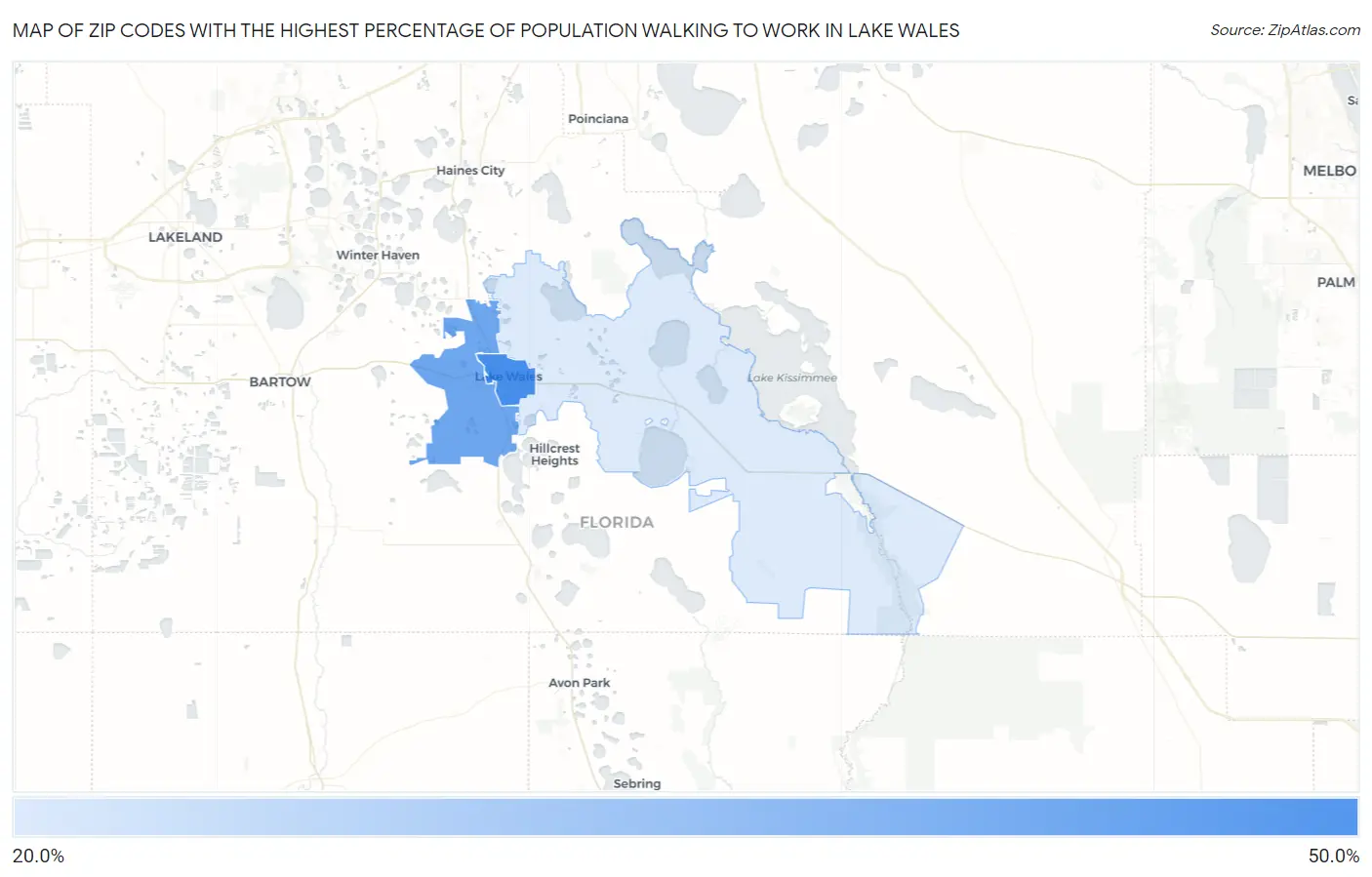 Zip Codes with the Highest Percentage of Population Walking to Work in Lake Wales Map