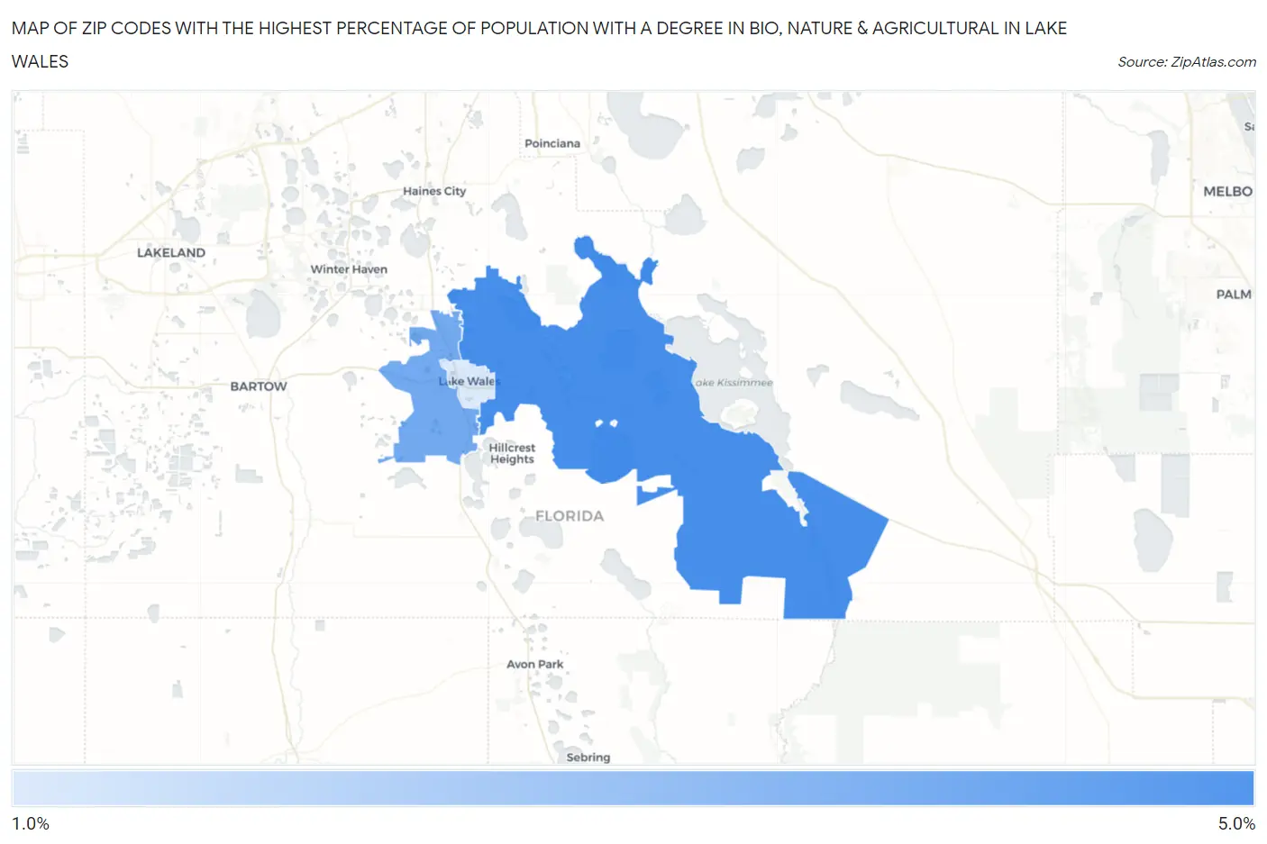 Zip Codes with the Highest Percentage of Population with a Degree in Bio, Nature & Agricultural in Lake Wales Map