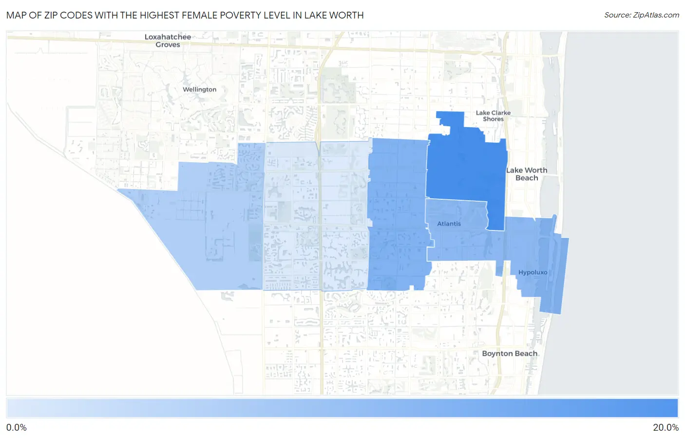 Zip Codes with the Highest Female Poverty Level in Lake Worth Map