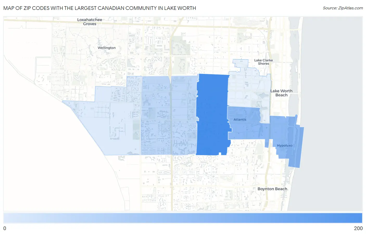 Zip Codes with the Largest Canadian Community in Lake Worth Map