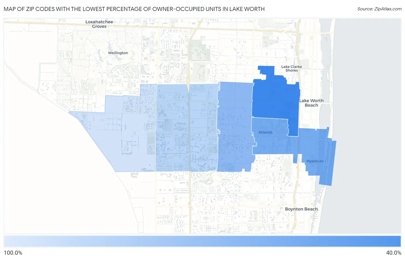 Zip Codes with the Lowest Percentage of Owner-Occupied Units in Lake Worth Map