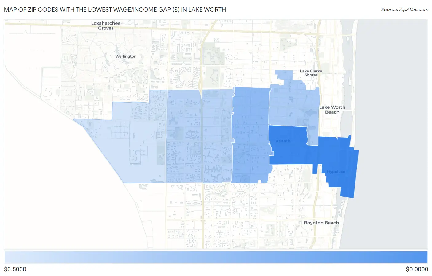 Zip Codes with the Lowest Wage/Income Gap ($) in Lake Worth Map