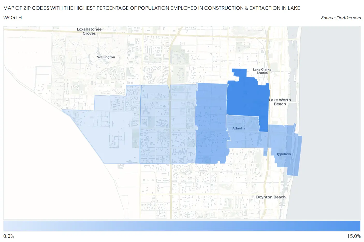 Zip Codes with the Highest Percentage of Population Employed in Construction & Extraction in Lake Worth Map