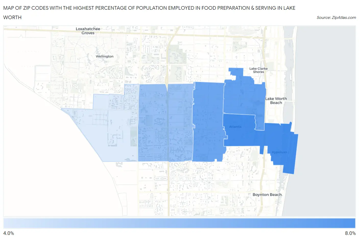 Zip Codes with the Highest Percentage of Population Employed in Food Preparation & Serving in Lake Worth Map