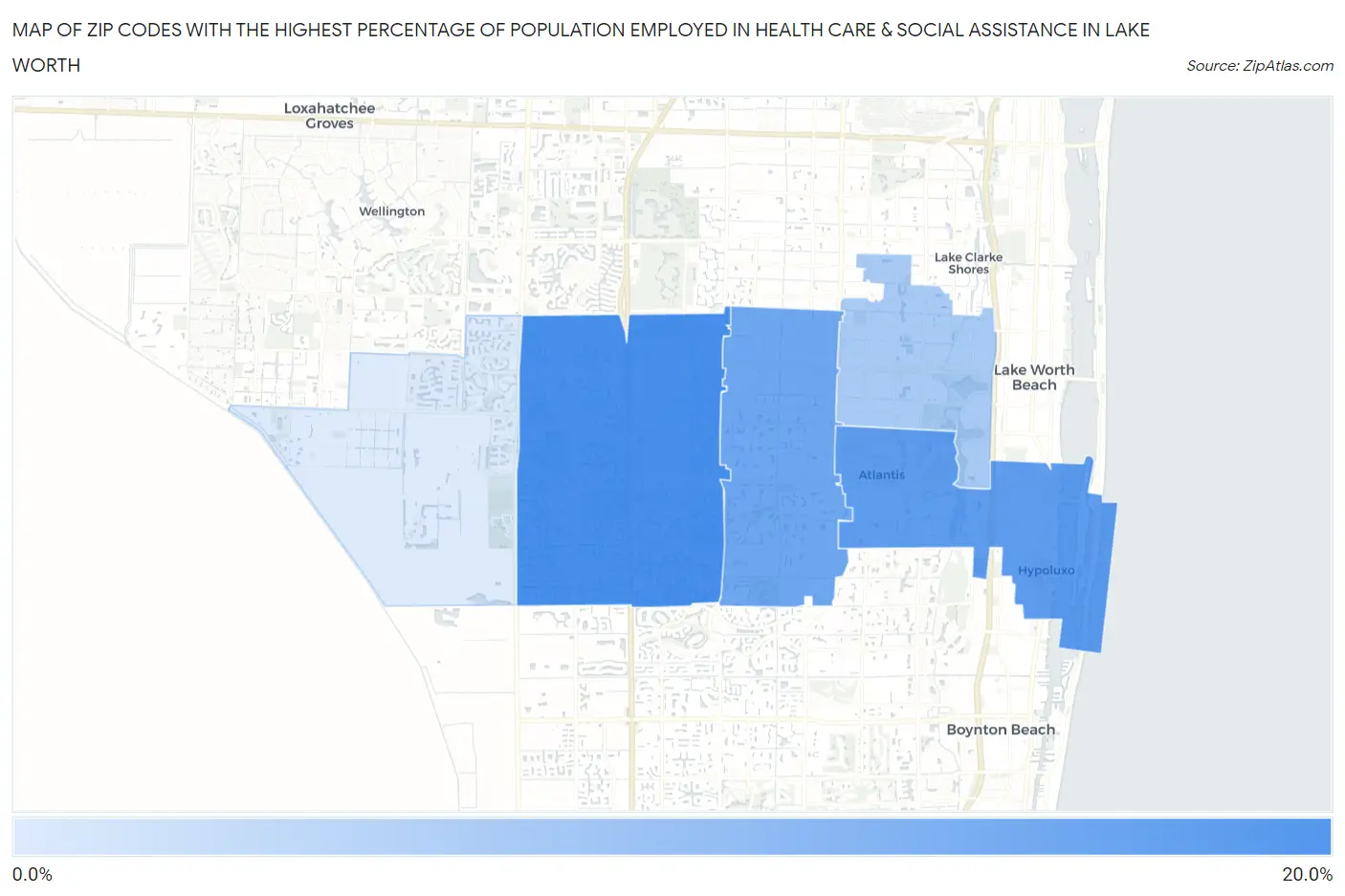 Zip Codes with the Highest Percentage of Population Employed in Health Care & Social Assistance in Lake Worth Map