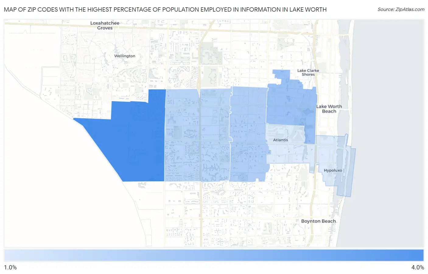 Zip Codes with the Highest Percentage of Population Employed in Information in Lake Worth Map