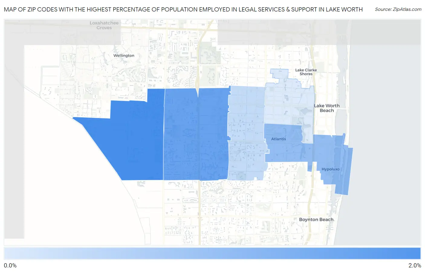 Zip Codes with the Highest Percentage of Population Employed in Legal Services & Support in Lake Worth Map