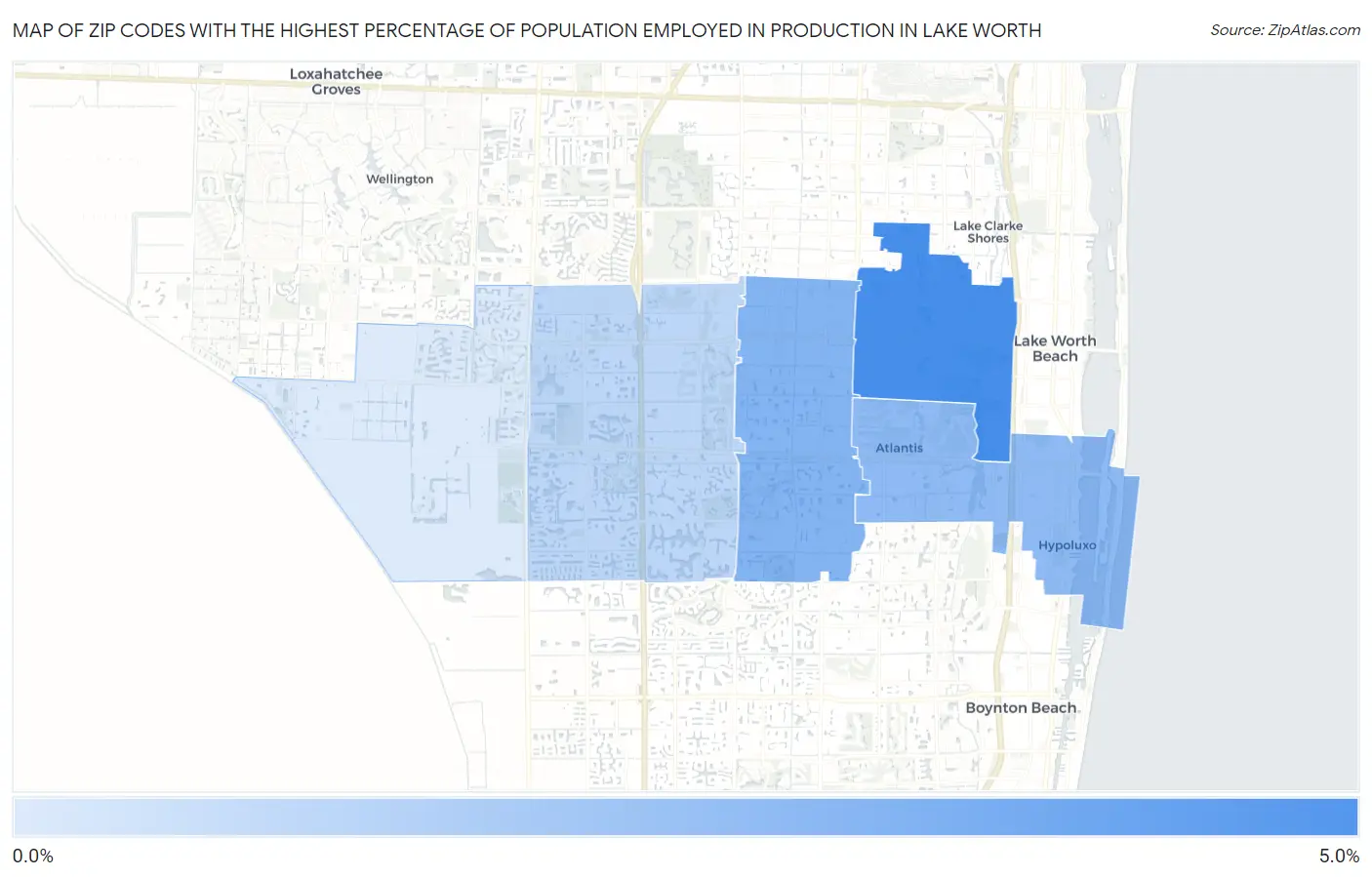 Zip Codes with the Highest Percentage of Population Employed in Production in Lake Worth Map