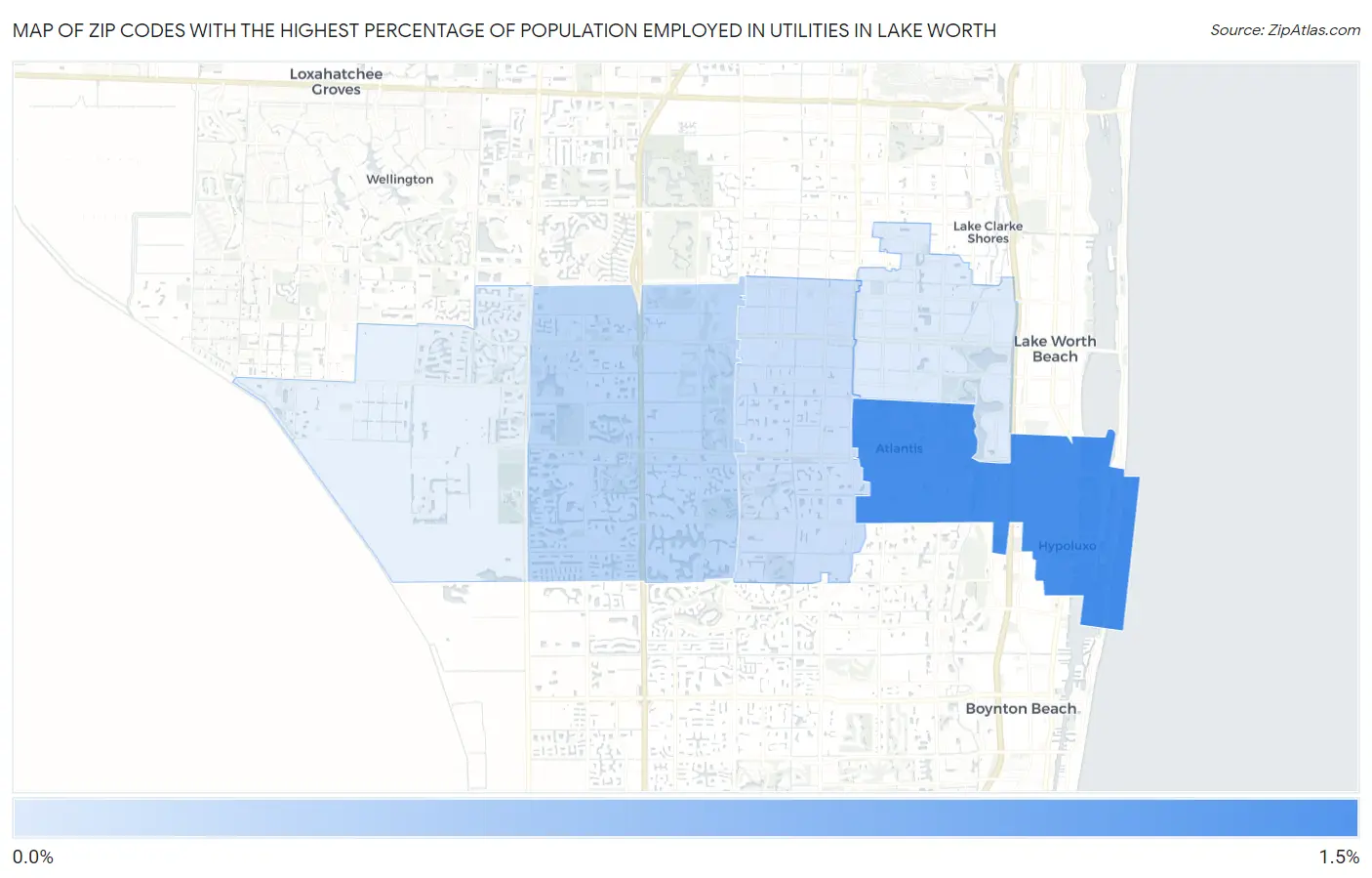 Zip Codes with the Highest Percentage of Population Employed in Utilities in Lake Worth Map