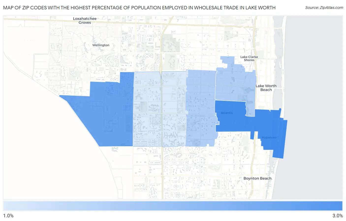Zip Codes with the Highest Percentage of Population Employed in Wholesale Trade in Lake Worth Map