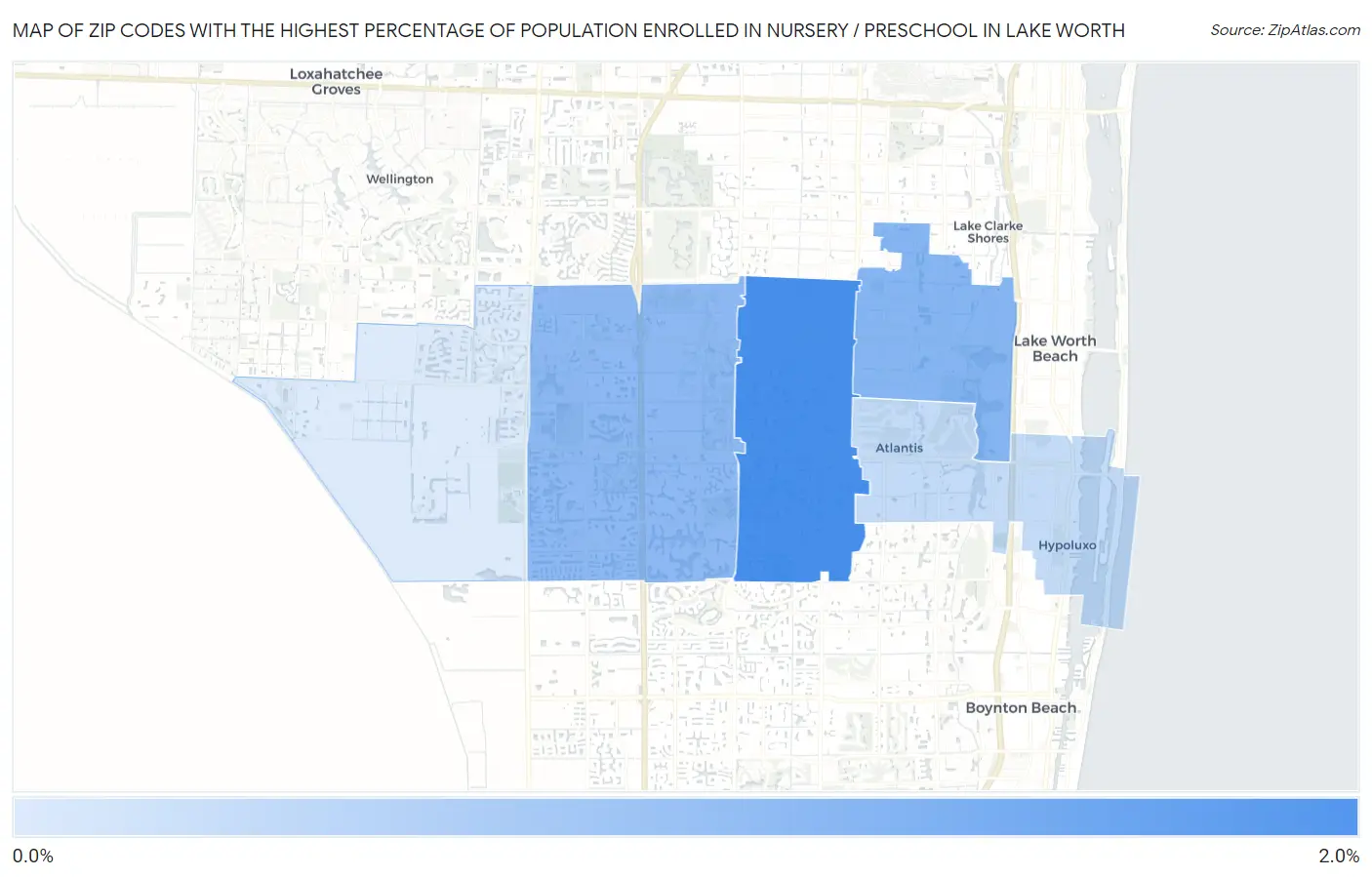 Zip Codes with the Highest Percentage of Population Enrolled in Nursery / Preschool in Lake Worth Map