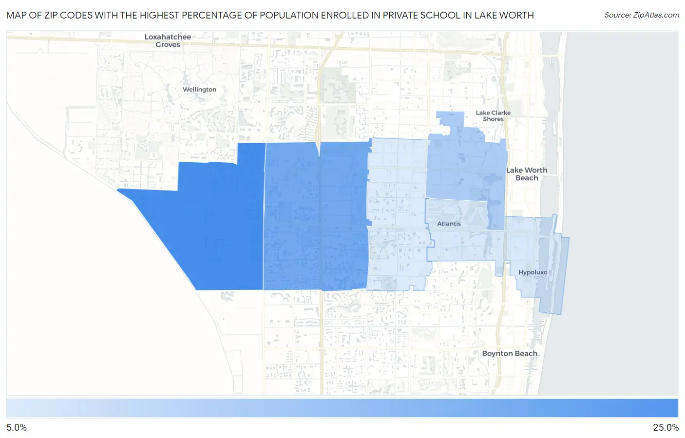 Zip Codes with the Highest Percentage of Population Enrolled in Private School in Lake Worth Map
