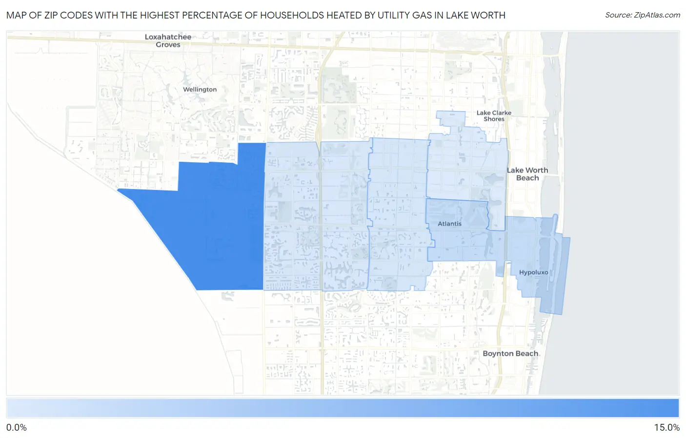 Zip Codes with the Highest Percentage of Households Heated by Utility Gas in Lake Worth Map