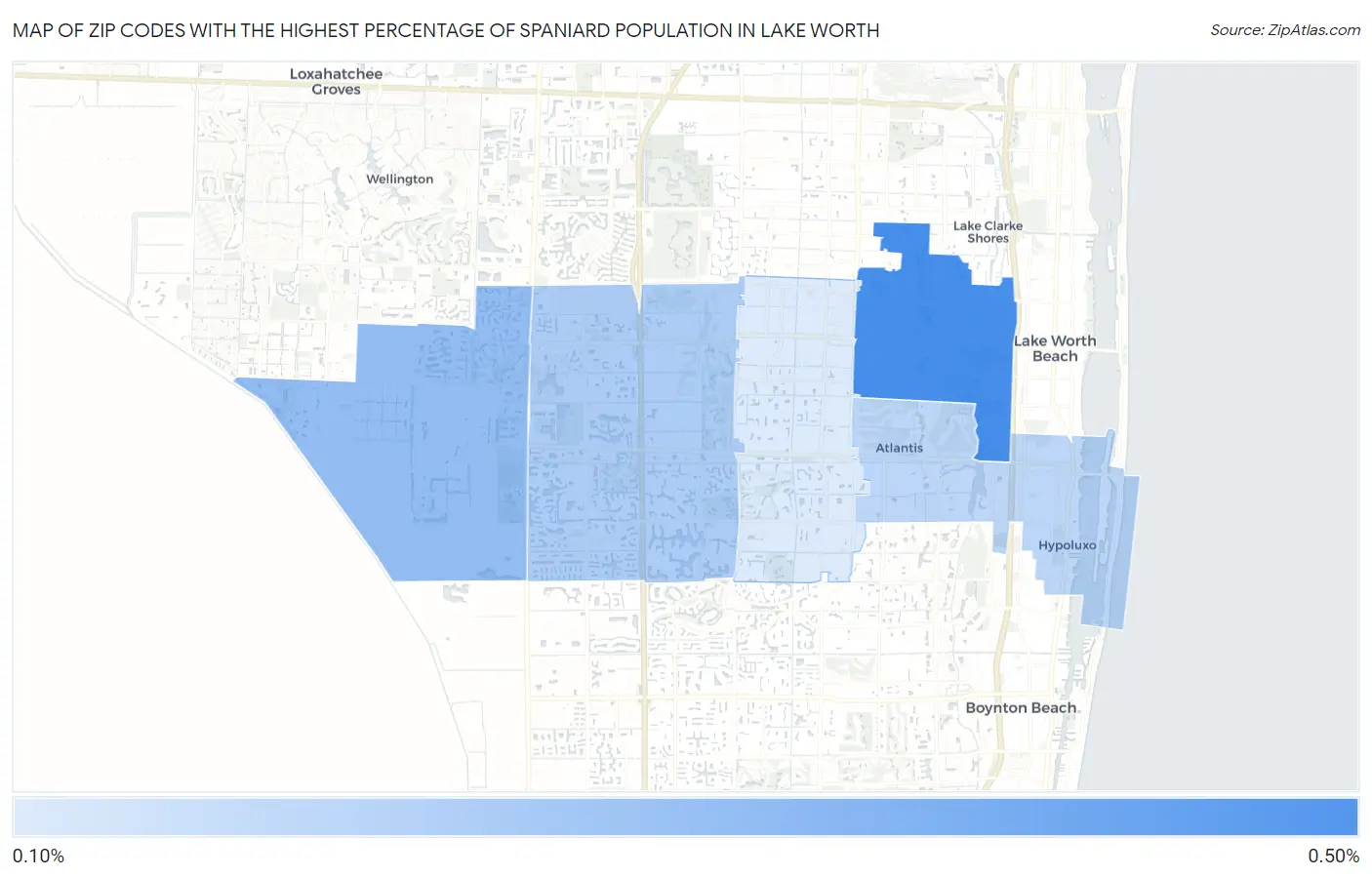 Zip Codes with the Highest Percentage of Spaniard Population in Lake Worth Map