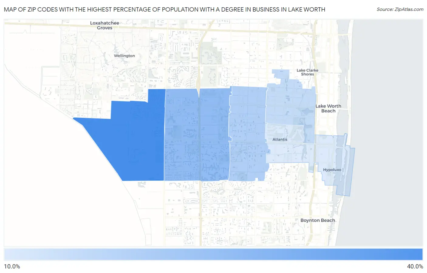 Zip Codes with the Highest Percentage of Population with a Degree in Business in Lake Worth Map
