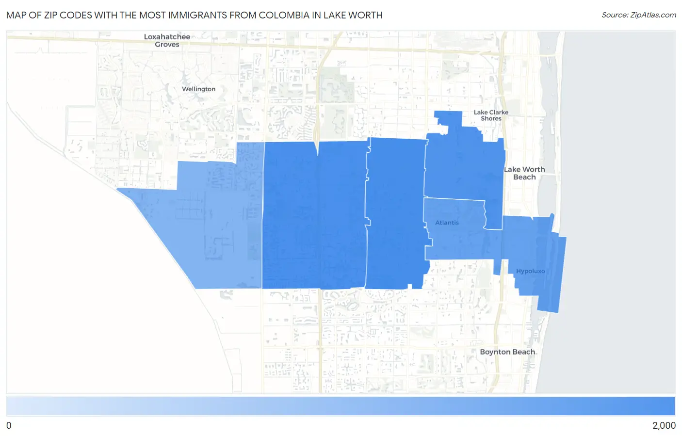 Zip Codes with the Most Immigrants from Colombia in Lake Worth Map