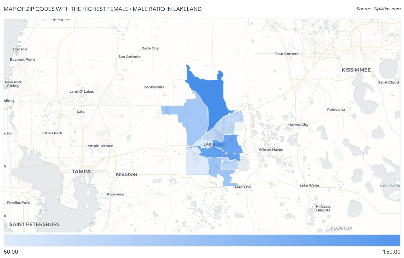 Zip Codes with the Highest Female / Male Ratio in Lakeland Map