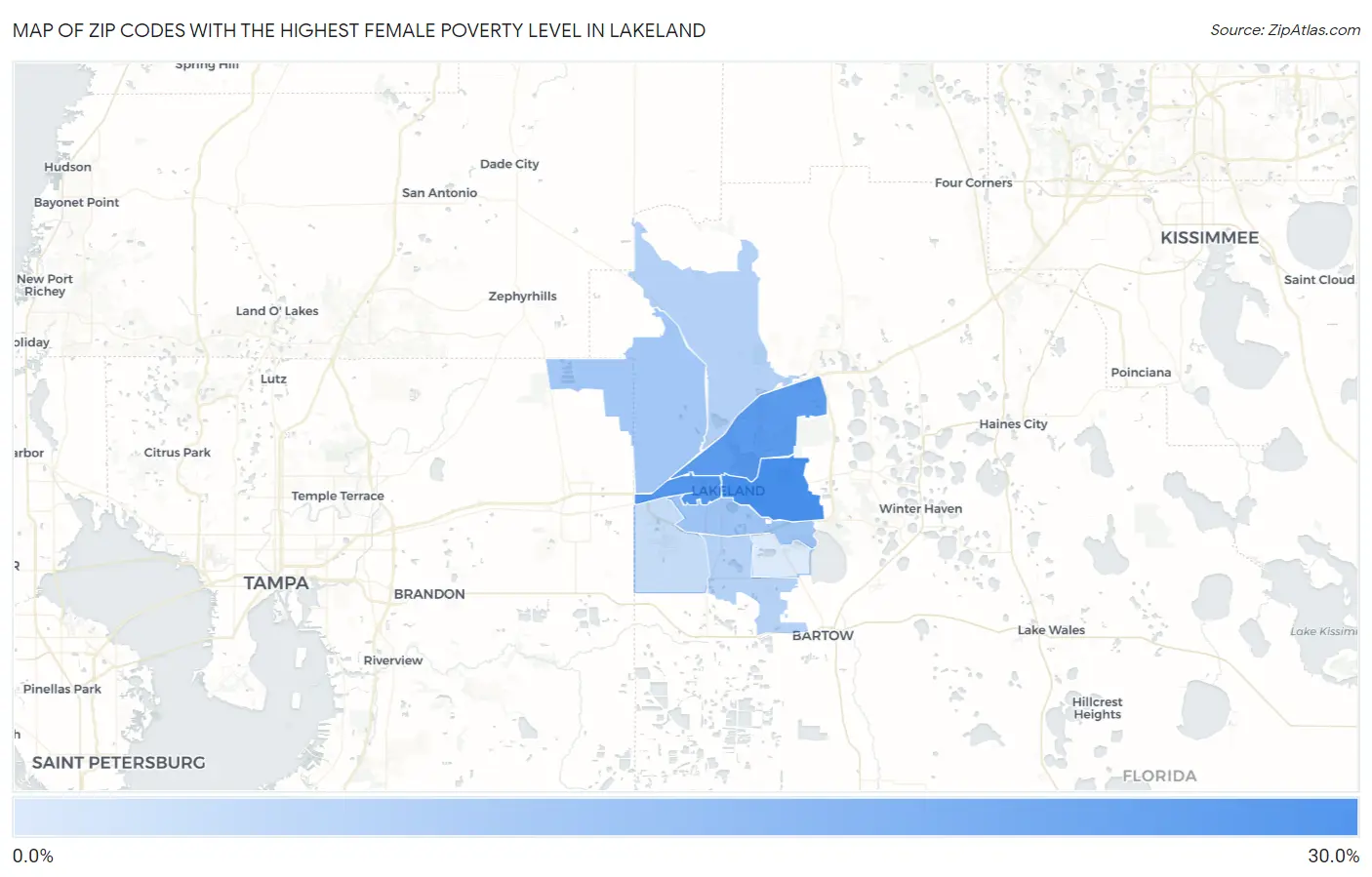 Zip Codes with the Highest Female Poverty Level in Lakeland Map