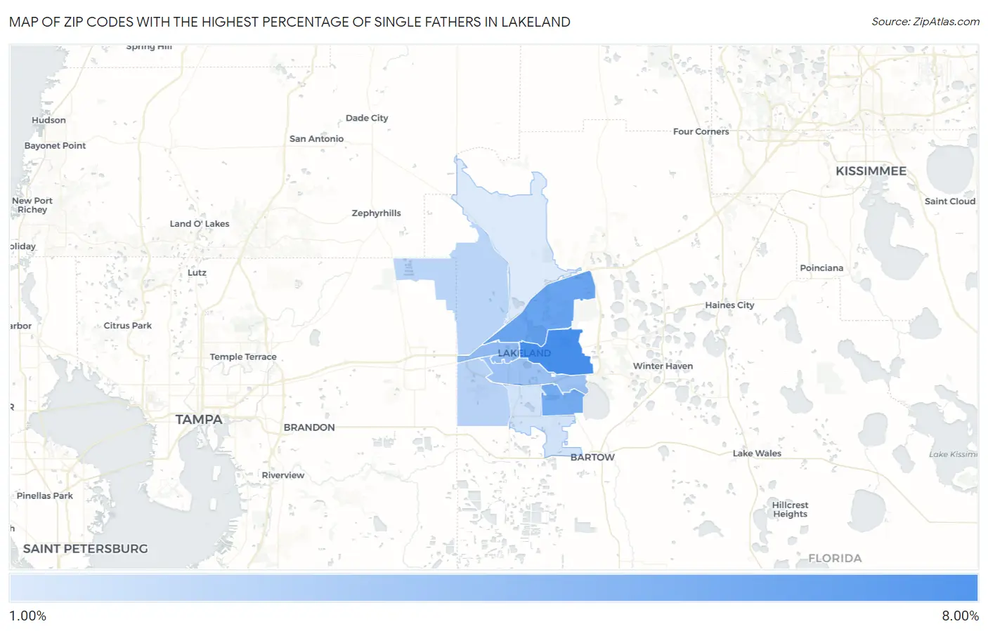 Zip Codes with the Highest Percentage of Single Fathers in Lakeland Map