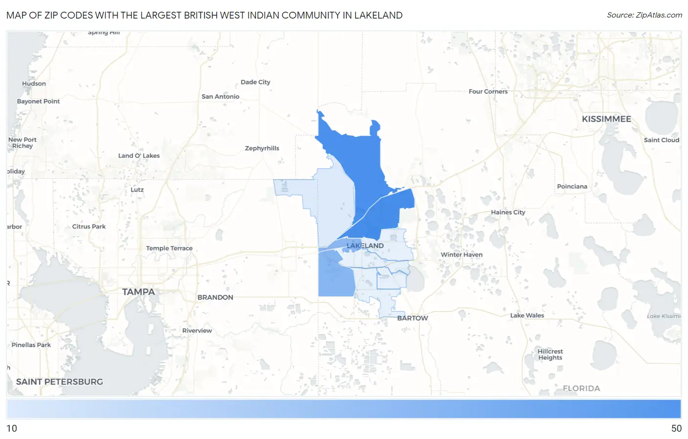 Zip Codes with the Largest British West Indian Community in Lakeland Map