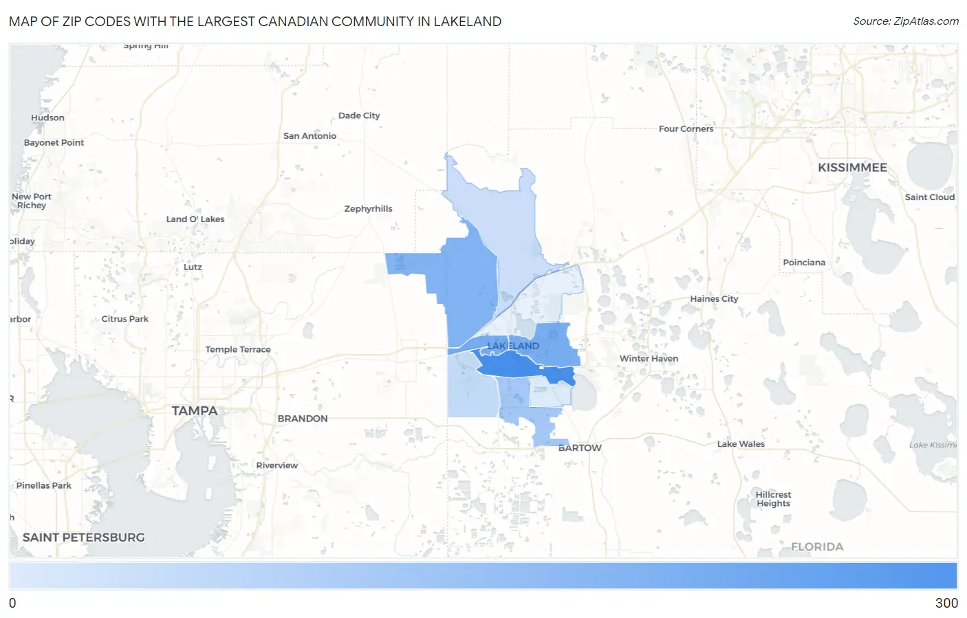 Zip Codes with the Largest Canadian Community in Lakeland Map