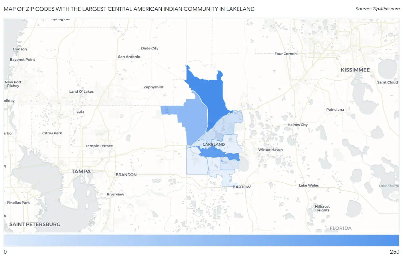 Zip Codes with the Largest Central American Indian Community in Lakeland Map