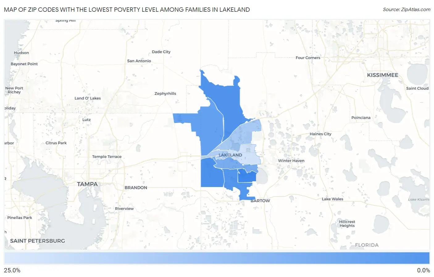 Zip Codes with the Lowest Poverty Level Among Families in Lakeland Map