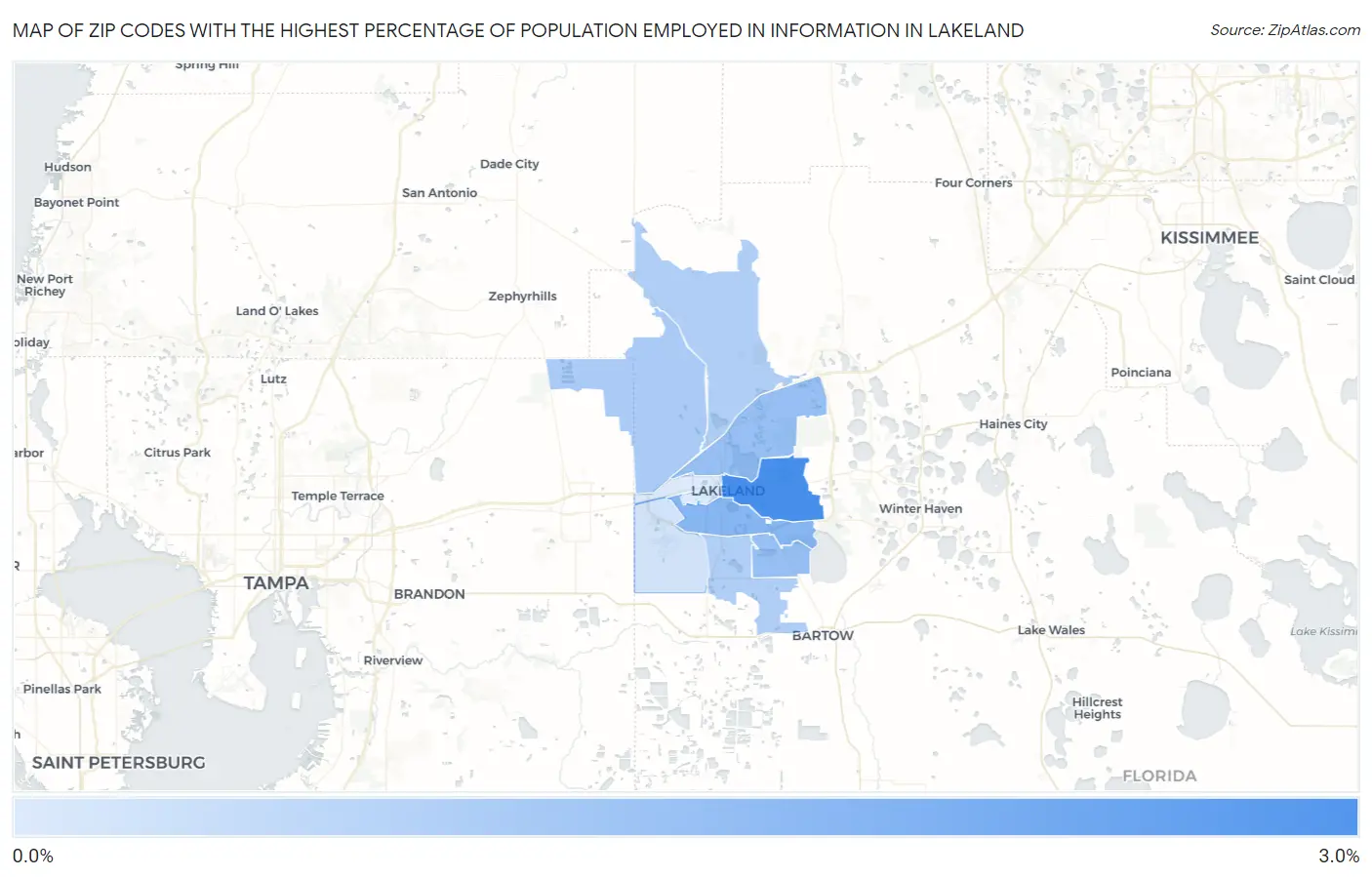 Zip Codes with the Highest Percentage of Population Employed in Information in Lakeland Map