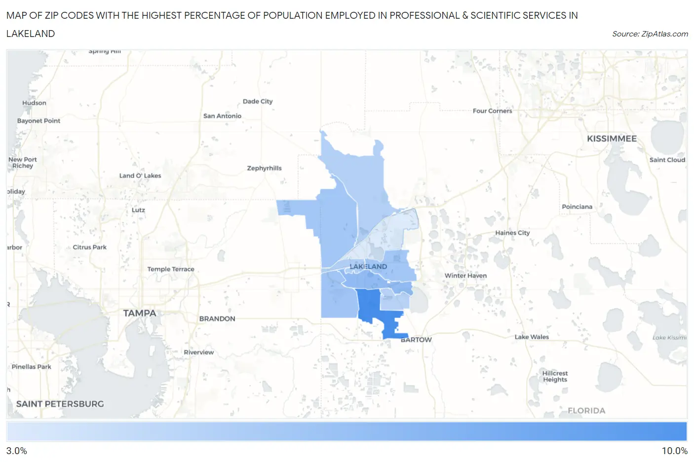 Zip Codes with the Highest Percentage of Population Employed in Professional & Scientific Services in Lakeland Map