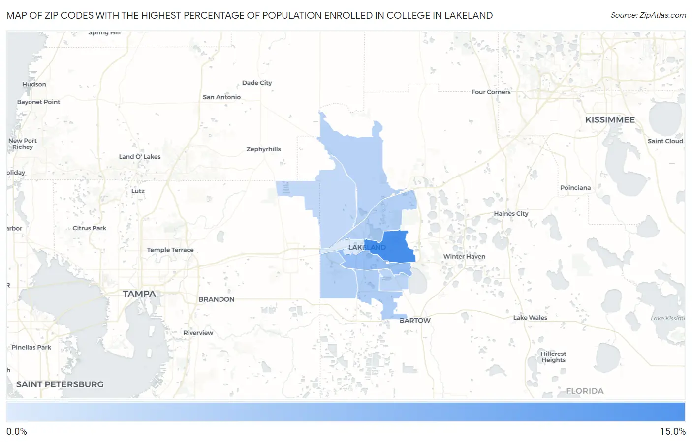 Zip Codes with the Highest Percentage of Population Enrolled in College in Lakeland Map