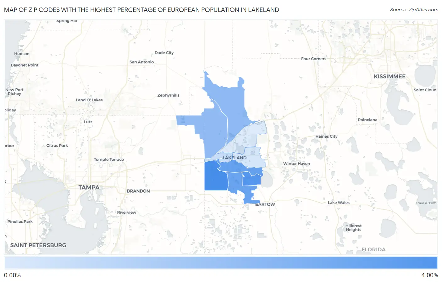 Zip Codes with the Highest Percentage of European Population in Lakeland Map