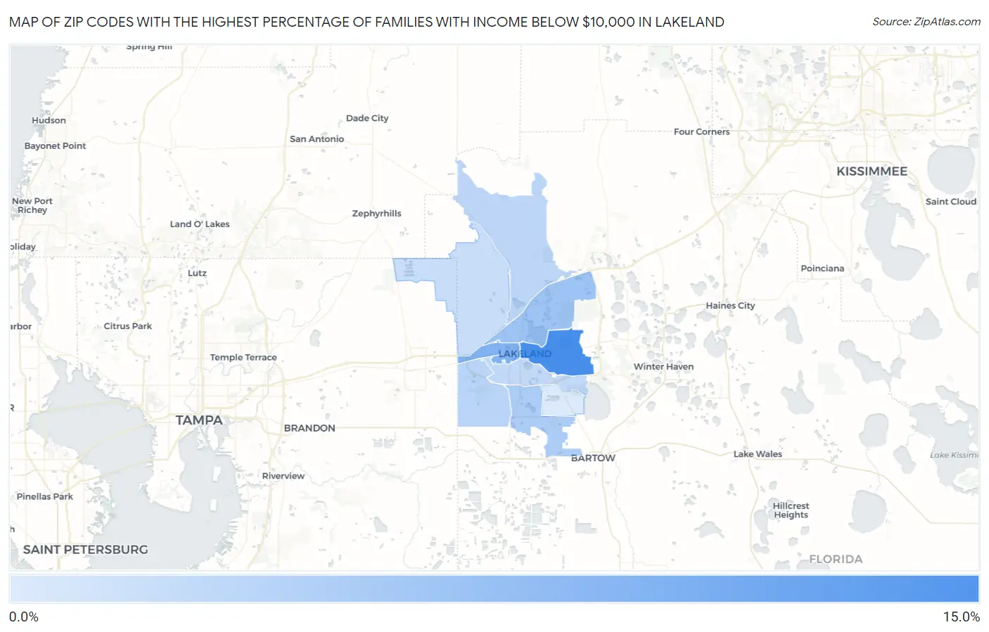 Zip Codes with the Highest Percentage of Families with Income Below $10,000 in Lakeland Map