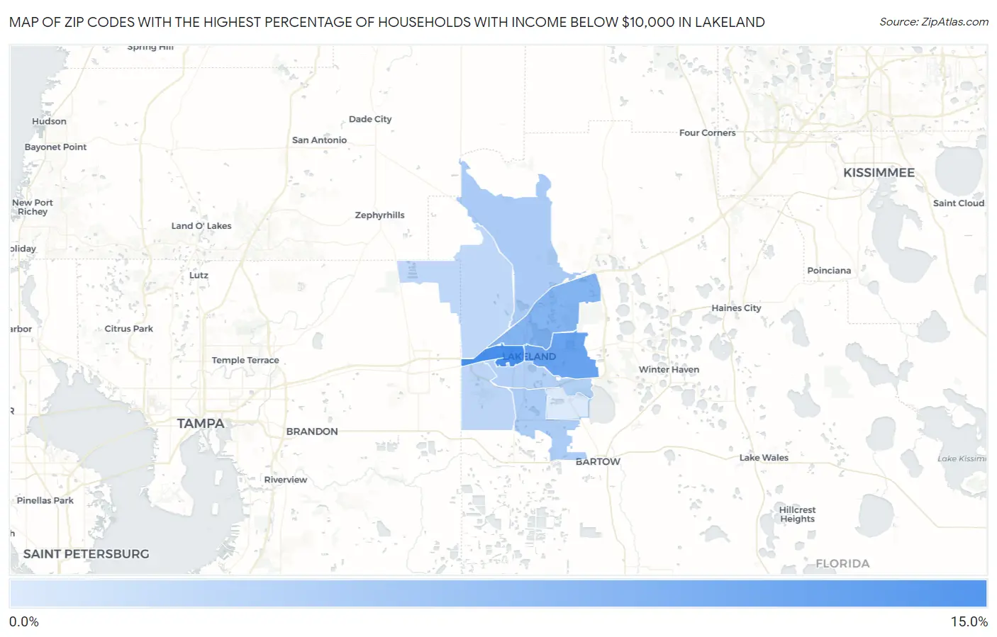 Zip Codes with the Highest Percentage of Households with Income Below $10,000 in Lakeland Map