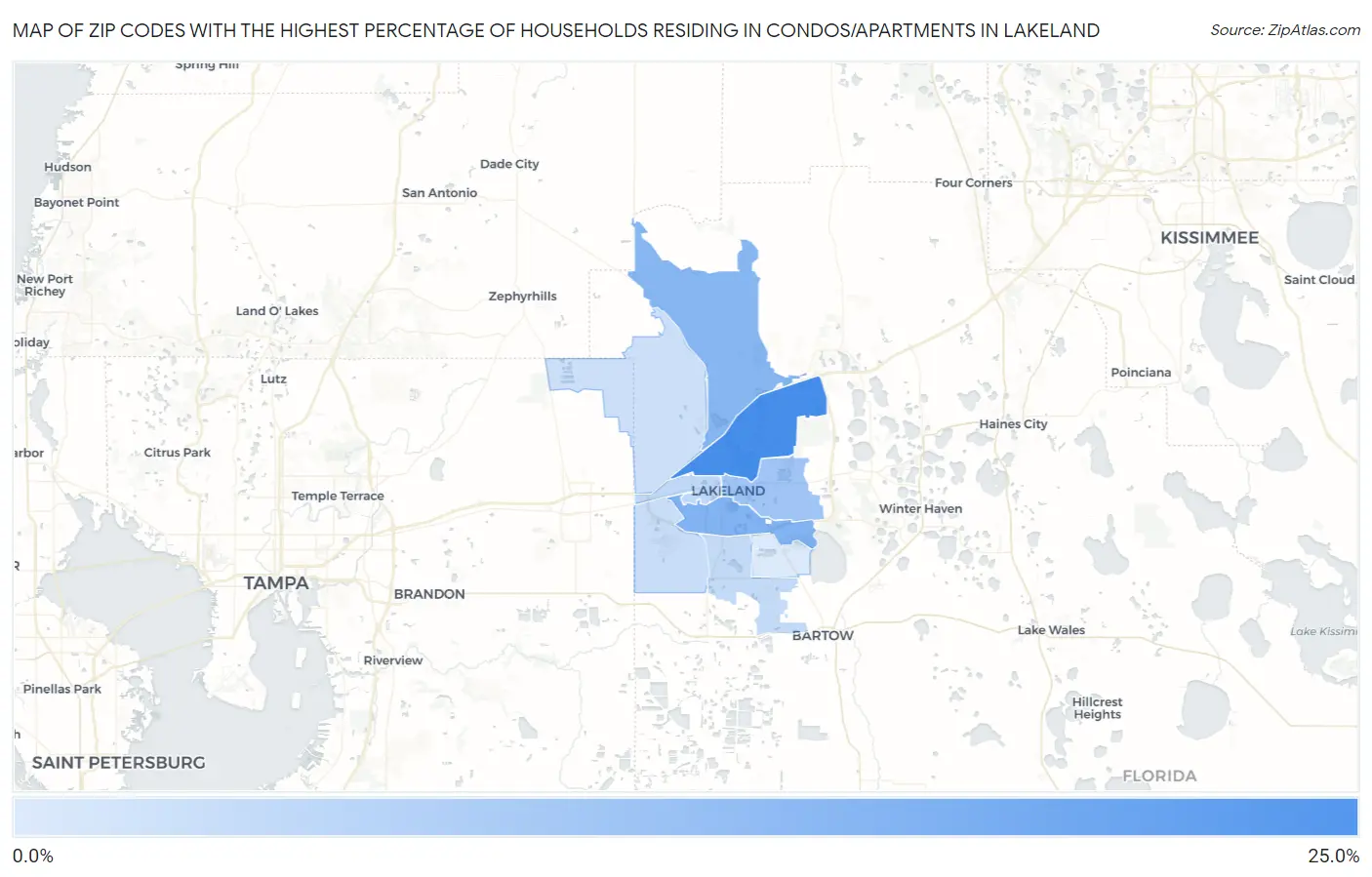 Zip Codes with the Highest Percentage of Households Residing in Condos/Apartments in Lakeland Map