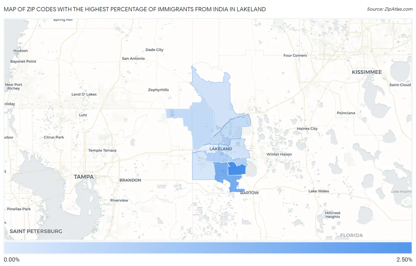 Zip Codes with the Highest Percentage of Immigrants from India in Lakeland Map