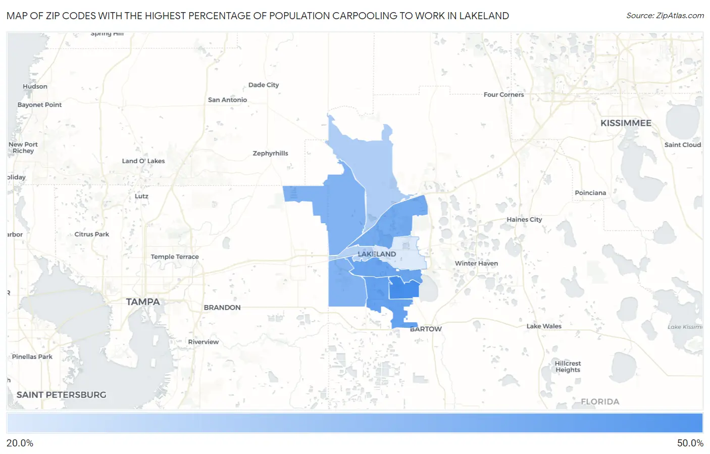 Zip Codes with the Highest Percentage of Population Carpooling to Work in Lakeland Map