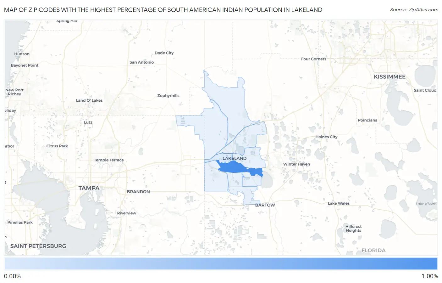 Zip Codes with the Highest Percentage of South American Indian Population in Lakeland Map