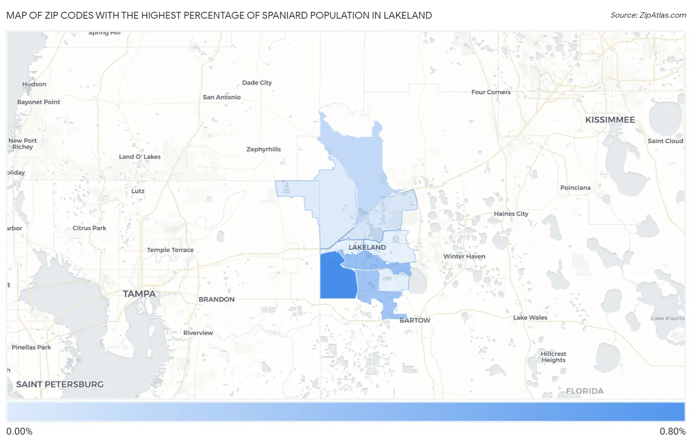 Zip Codes with the Highest Percentage of Spaniard Population in Lakeland Map