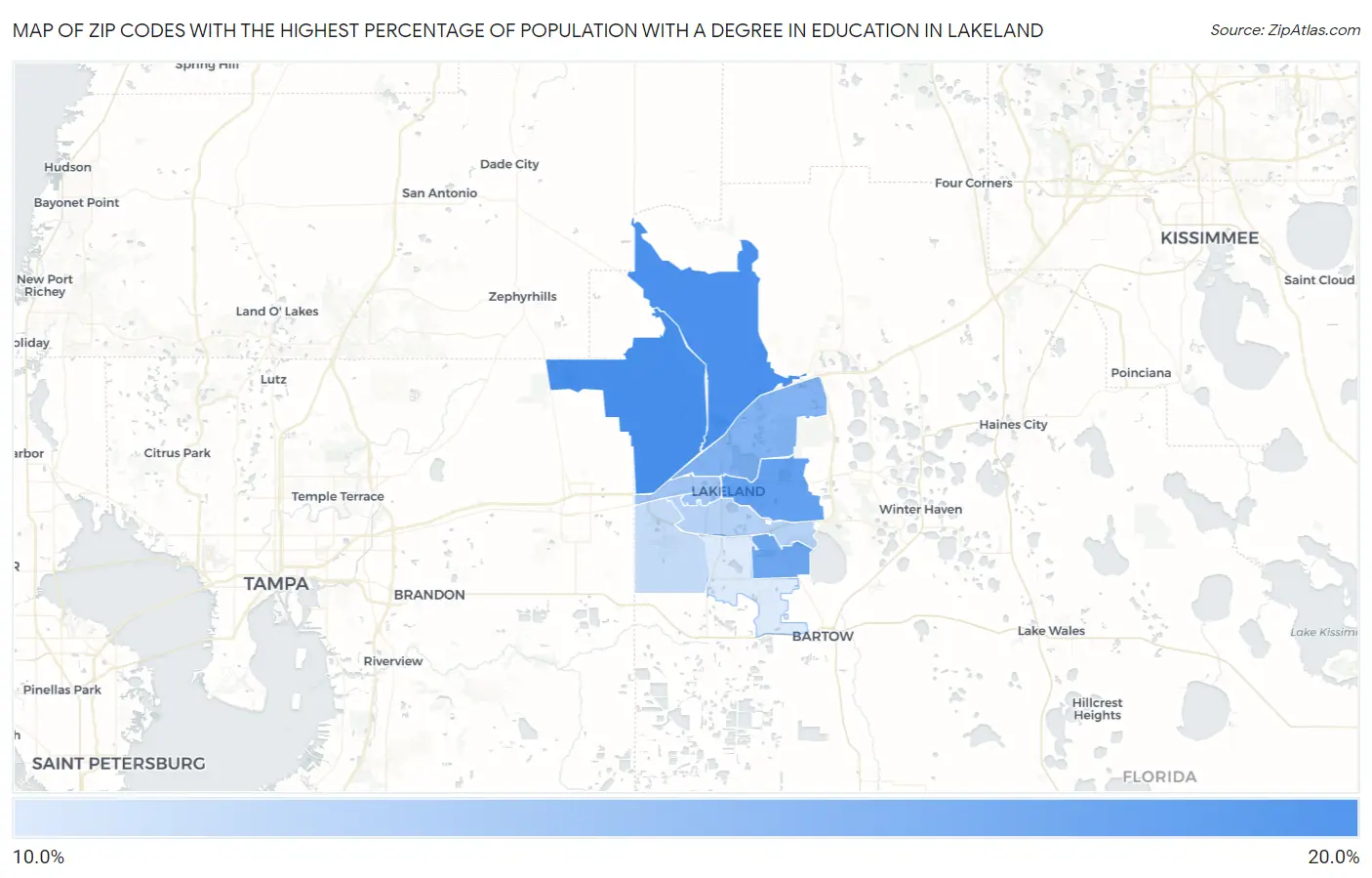 Zip Codes with the Highest Percentage of Population with a Degree in Education in Lakeland Map