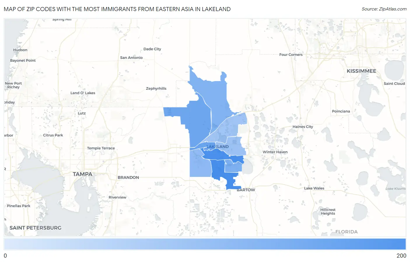 Zip Codes with the Most Immigrants from Eastern Asia in Lakeland Map