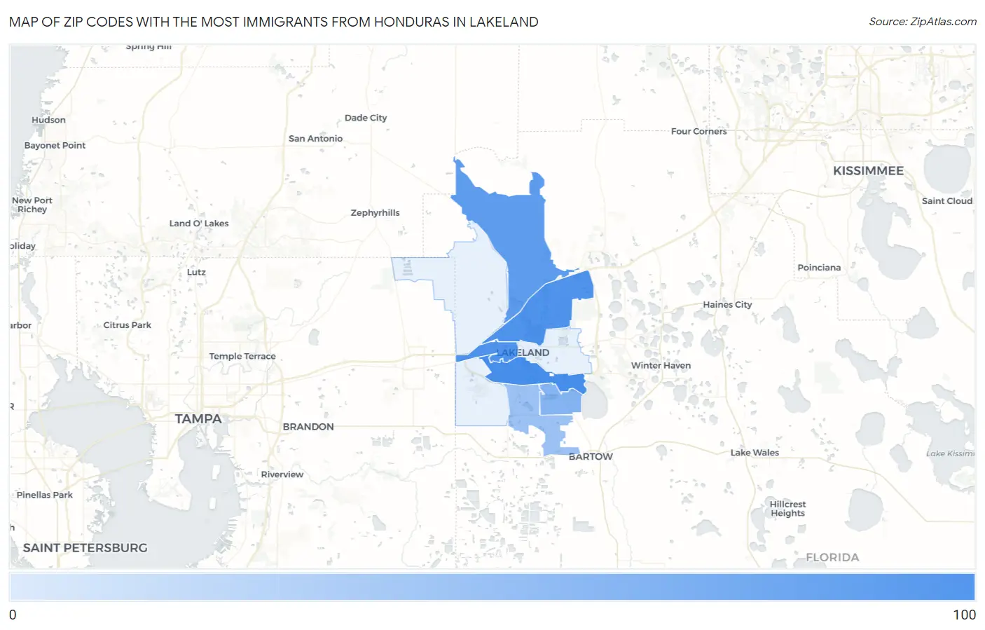 Zip Codes with the Most Immigrants from Honduras in Lakeland Map